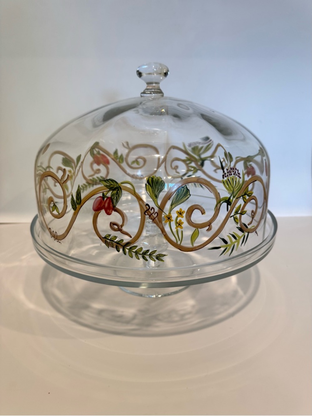 Hand Painted Vintage Glass Cake Stand Pedestal Domed Lid Floral Berries Gold 12"